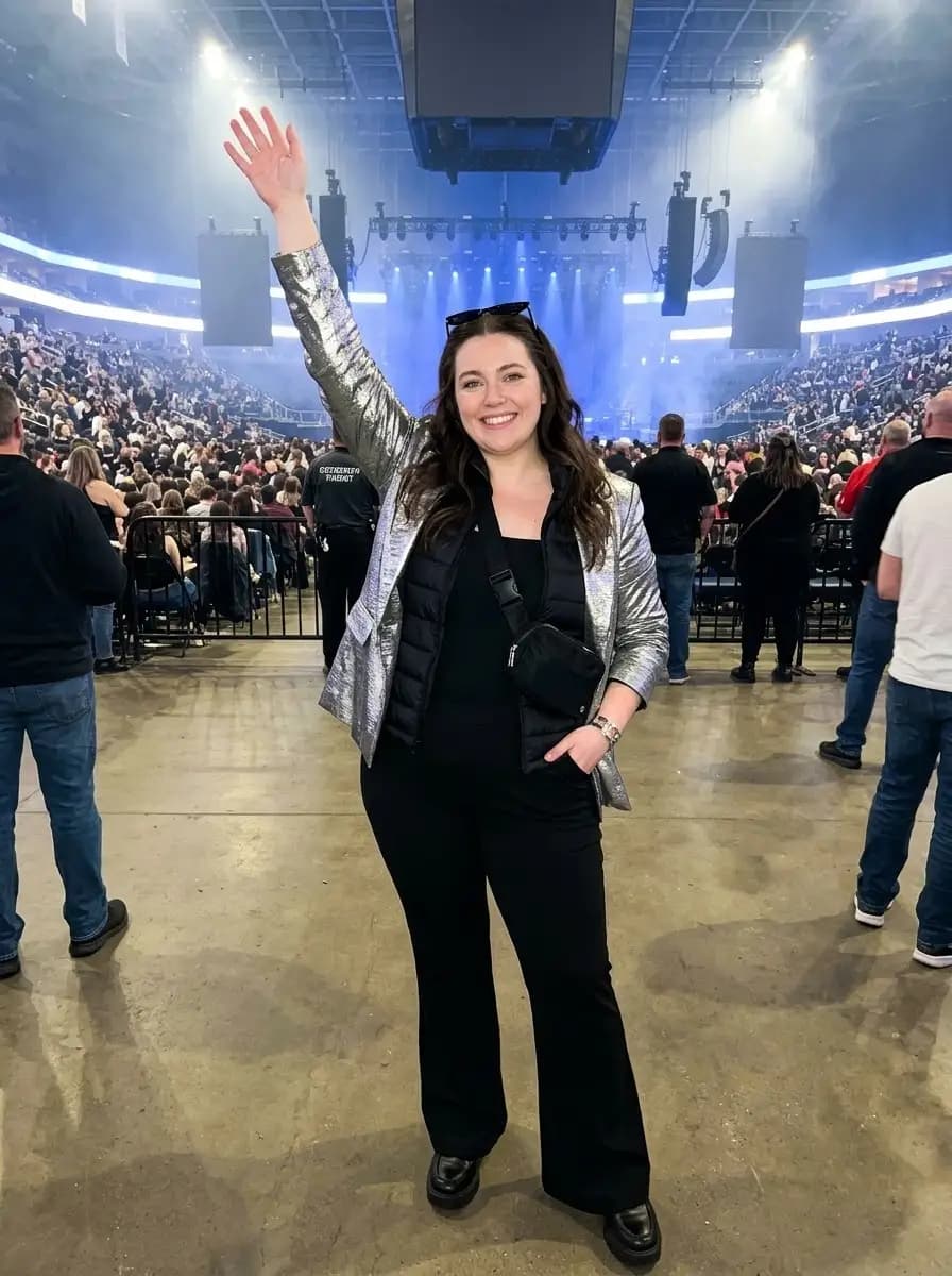 Silver Metallic Blazer with Black Jumpsuit and Puffer Vest