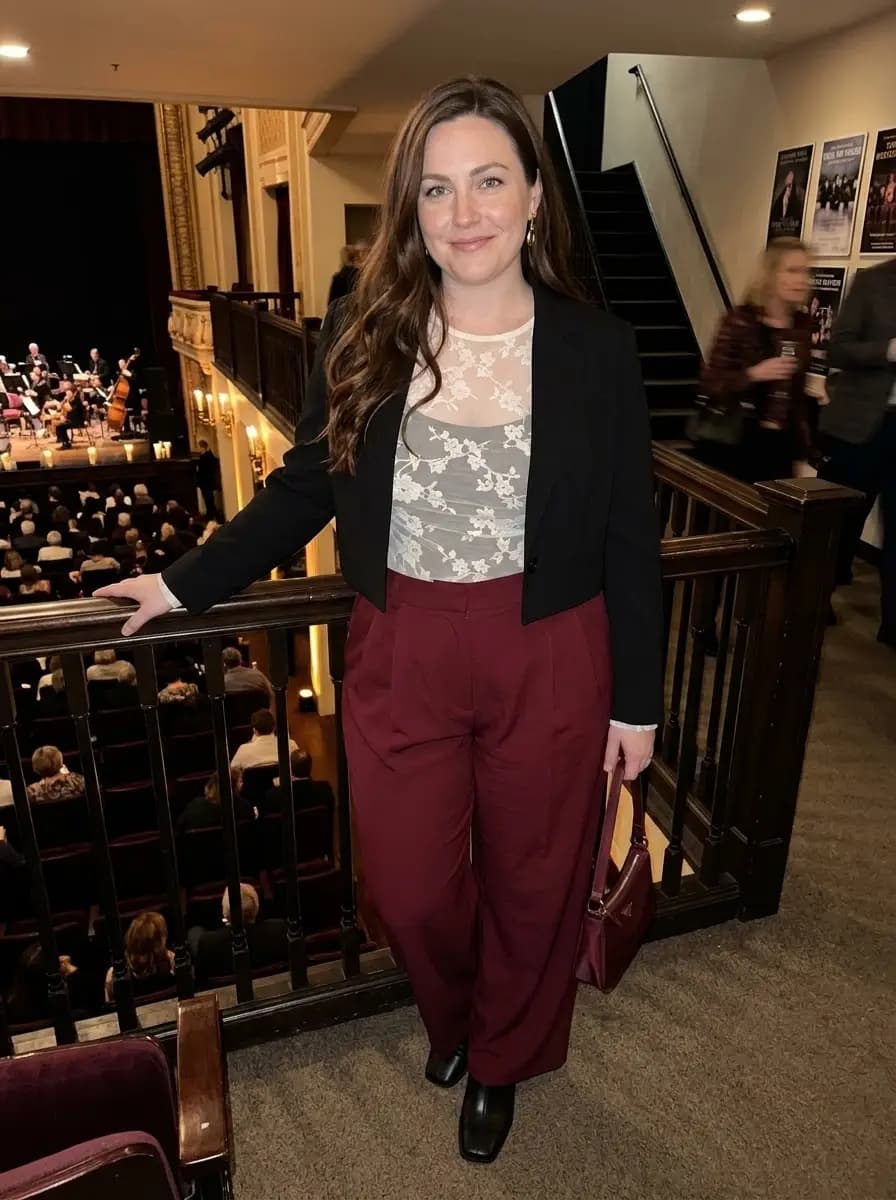 Cream Lace Bodysuit with Black Cropped Blazer and Maroon Wide-Leg Trousers
