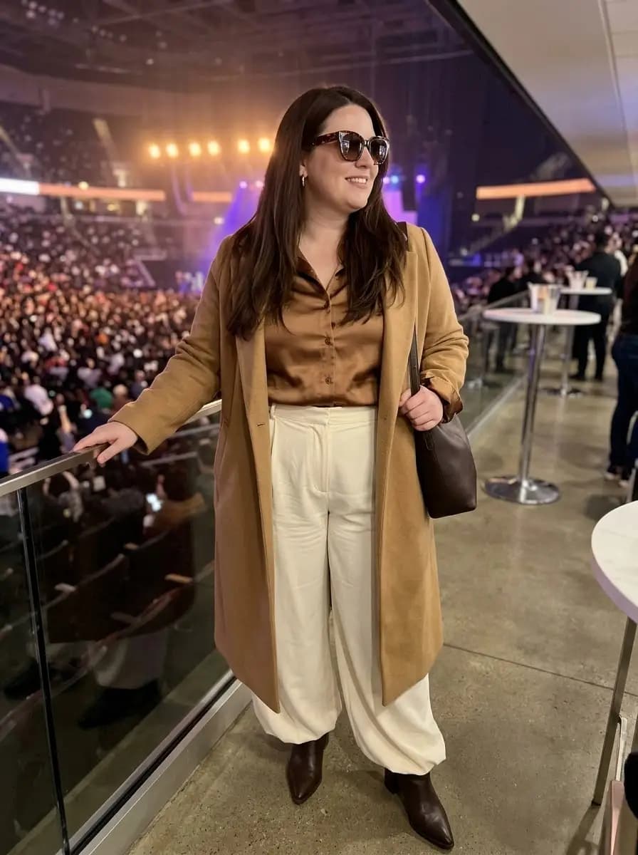 Brown Satin Shirt with Cream Wide-Leg Trousers and Camel Wool Coat