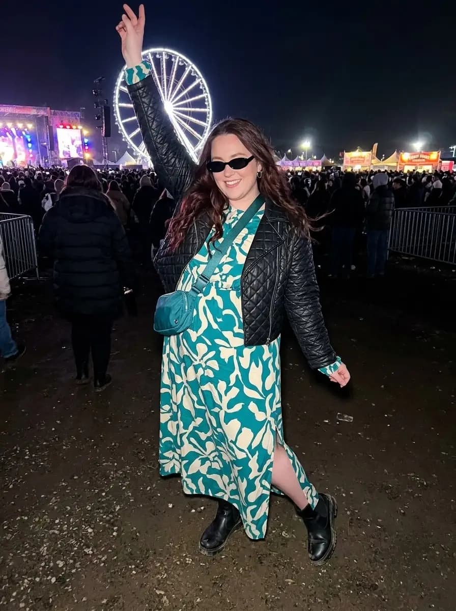 Green Leaf-Print Midi Dress with Black Quilted Leather Jacket