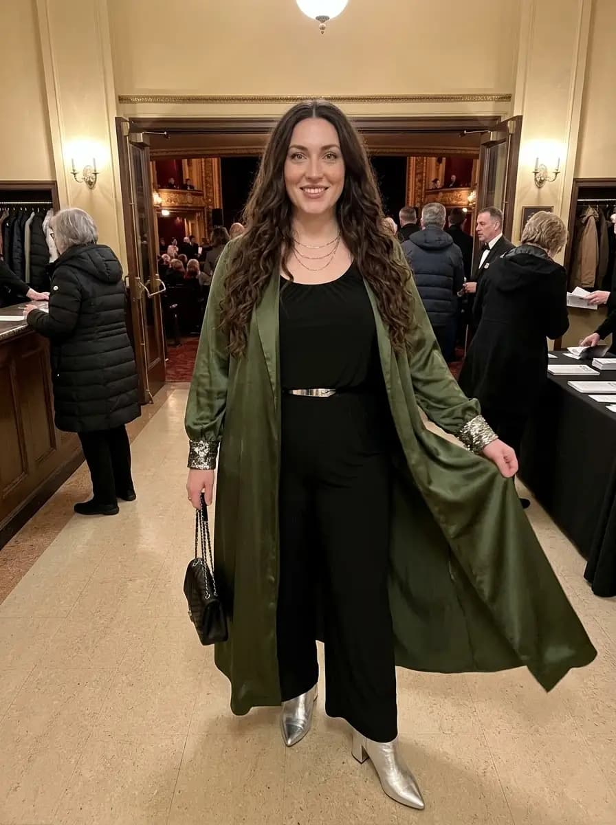 Black Jumpsuit with Olive-Green Satin Duster Coat