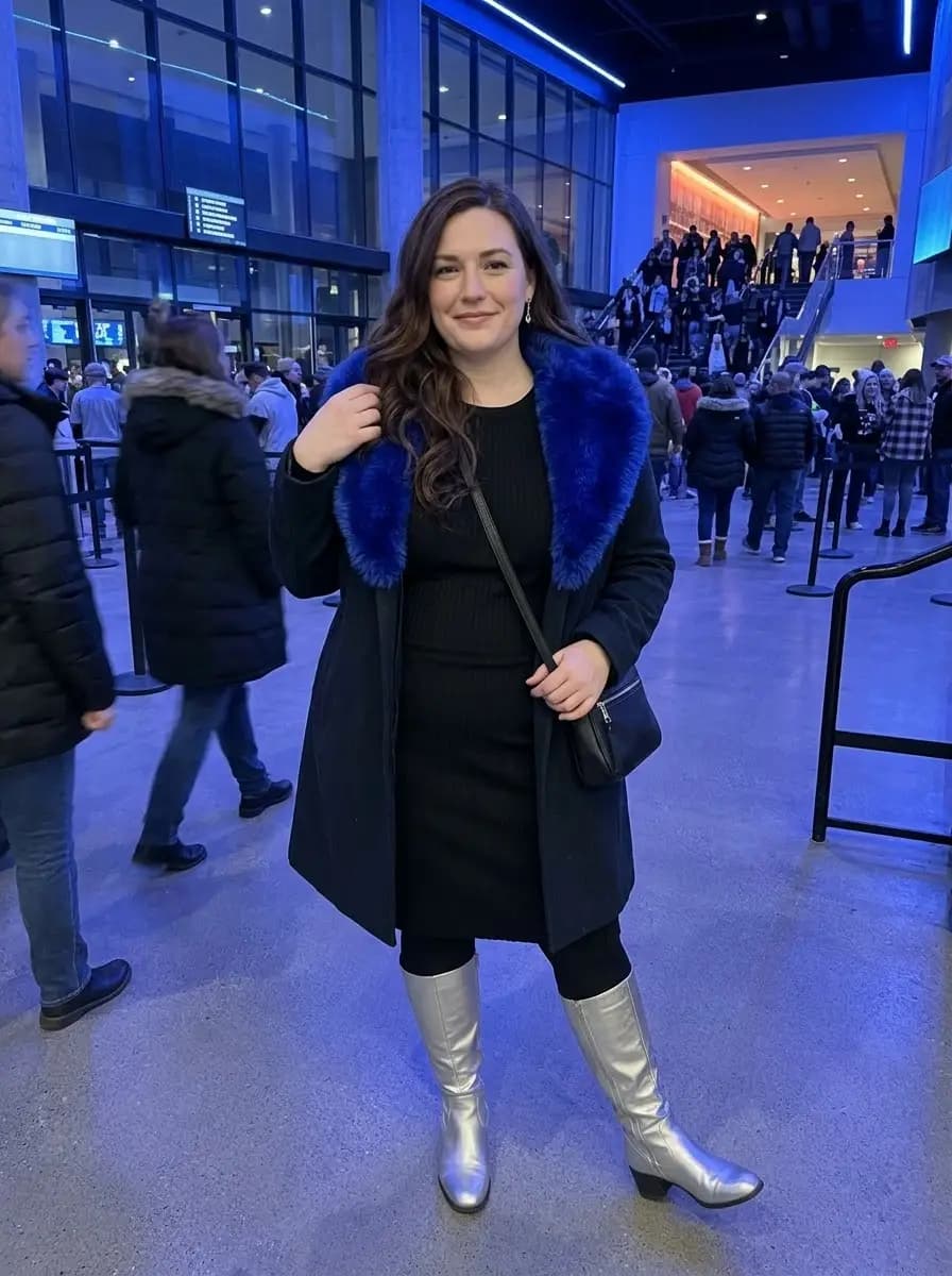 Black Midi Dress with Electric-Blue Fur-Collar Coat and Silver Boots