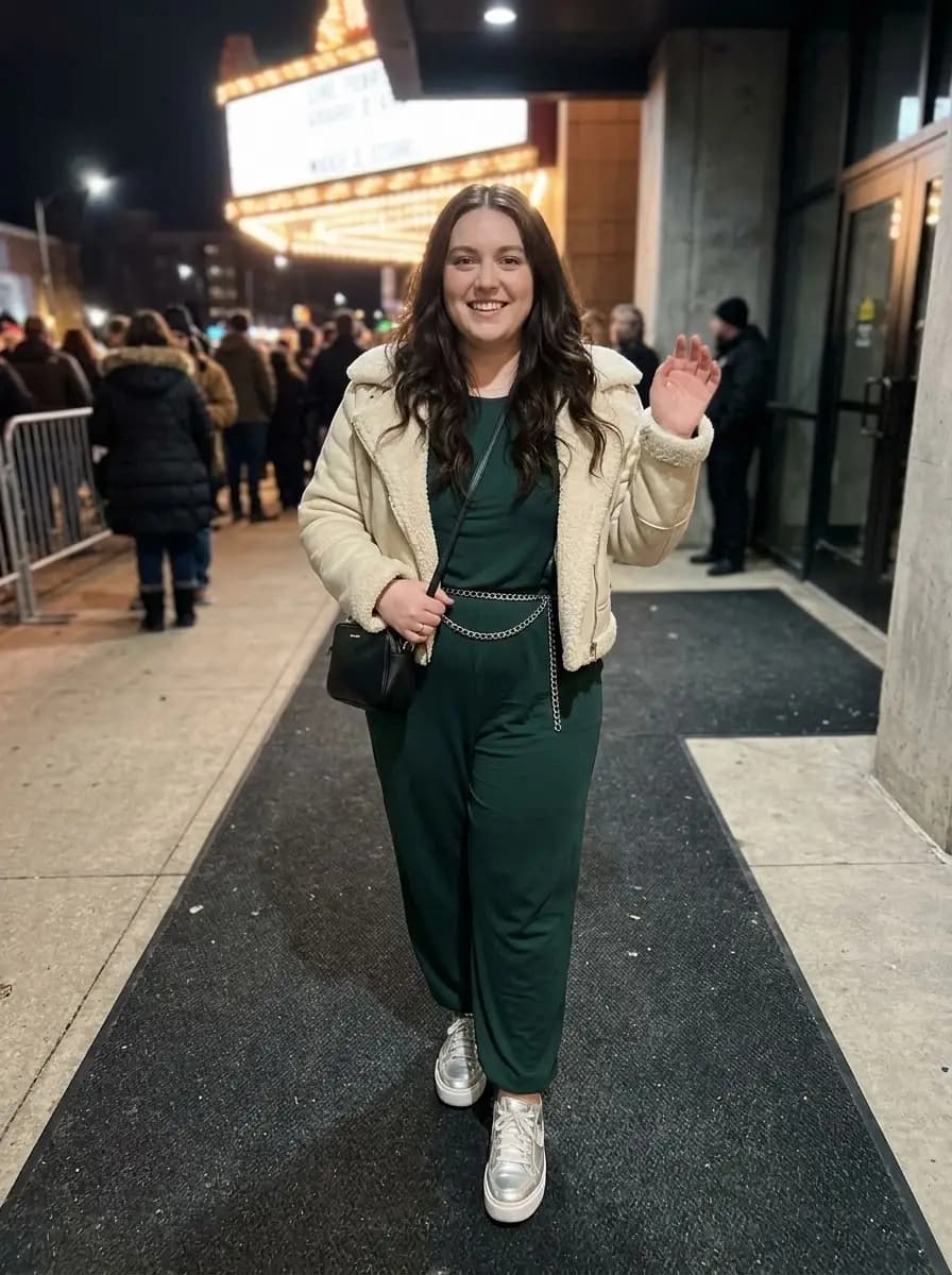 Forest-Green Jumpsuit with Cream Sherpa Moto Jacket