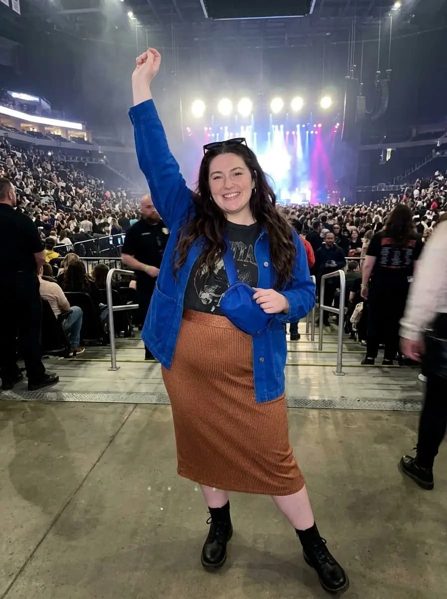 Graphic T-Shirt with Rust Ribbed Midi Skirt and Blue Denim Jacket