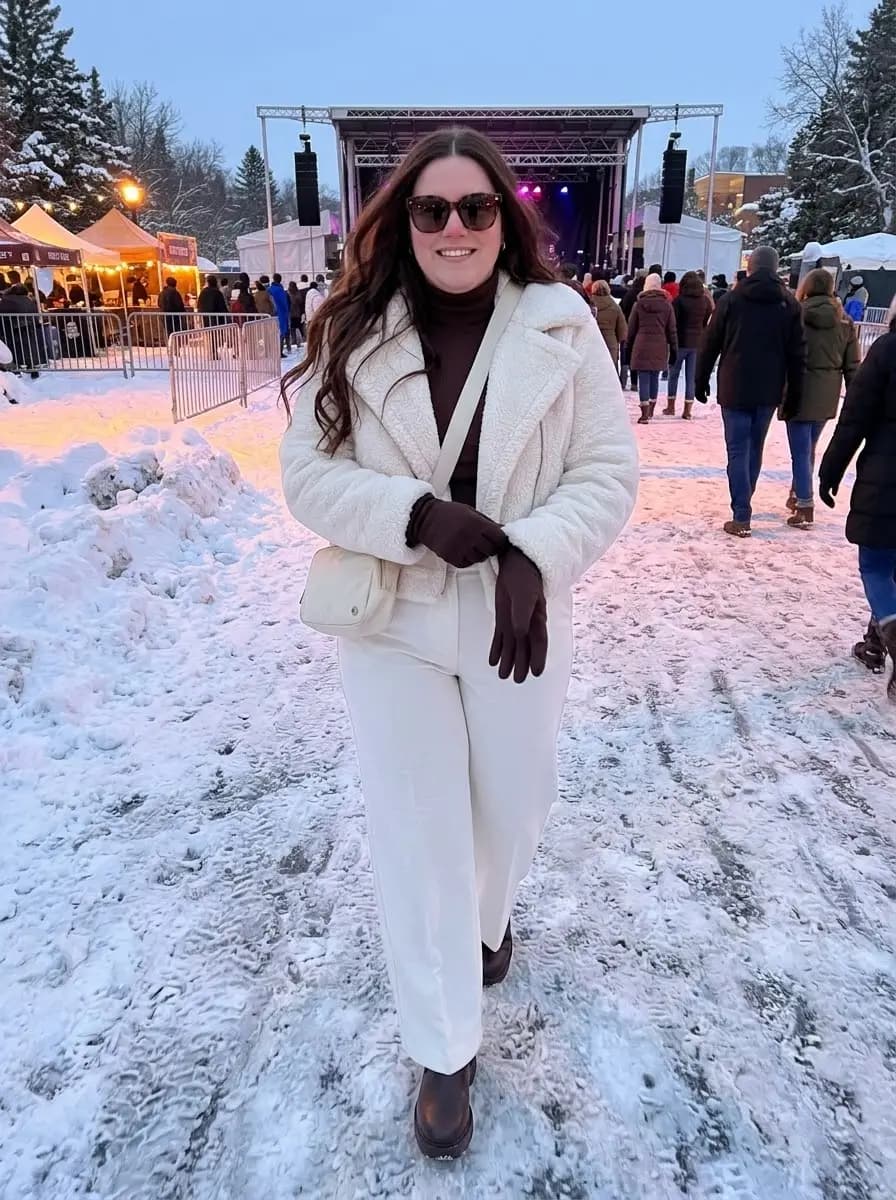 Brown Turtleneck with Cream Wide-Leg Trousers and Sherpa Jacket