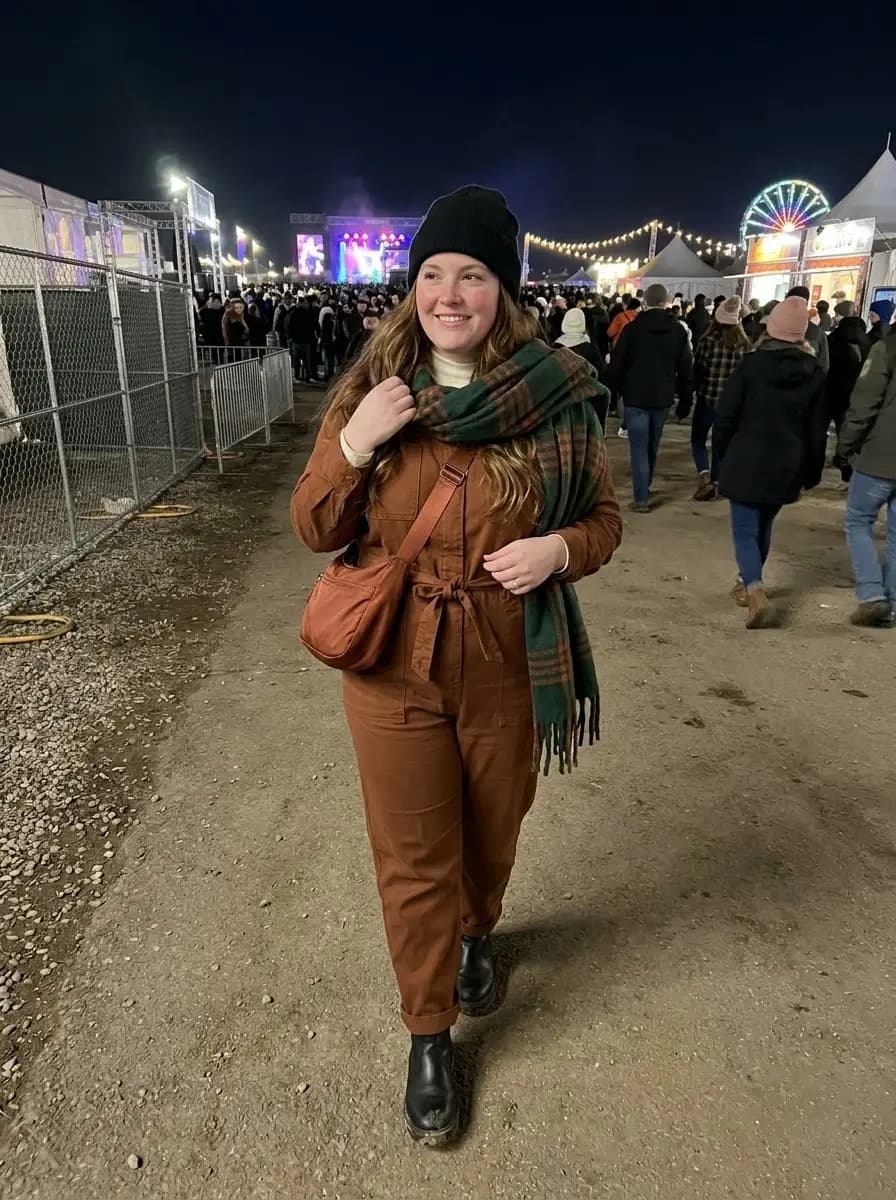 Brown Utility Jumpsuit with Green Plaid Scarf and Black Beanie