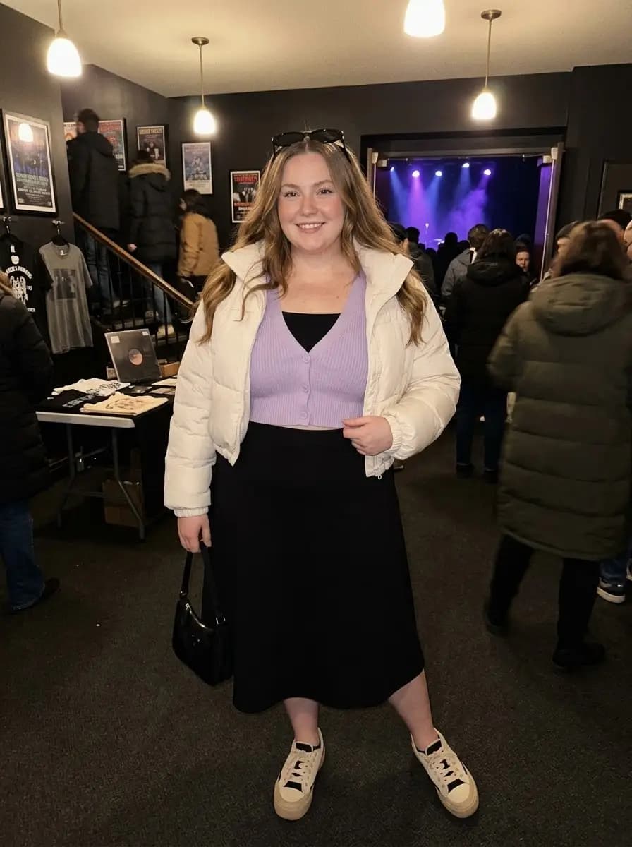 Lavender Cropped Cardigan with Black Midi Skirt and Cream Puffer Jacket