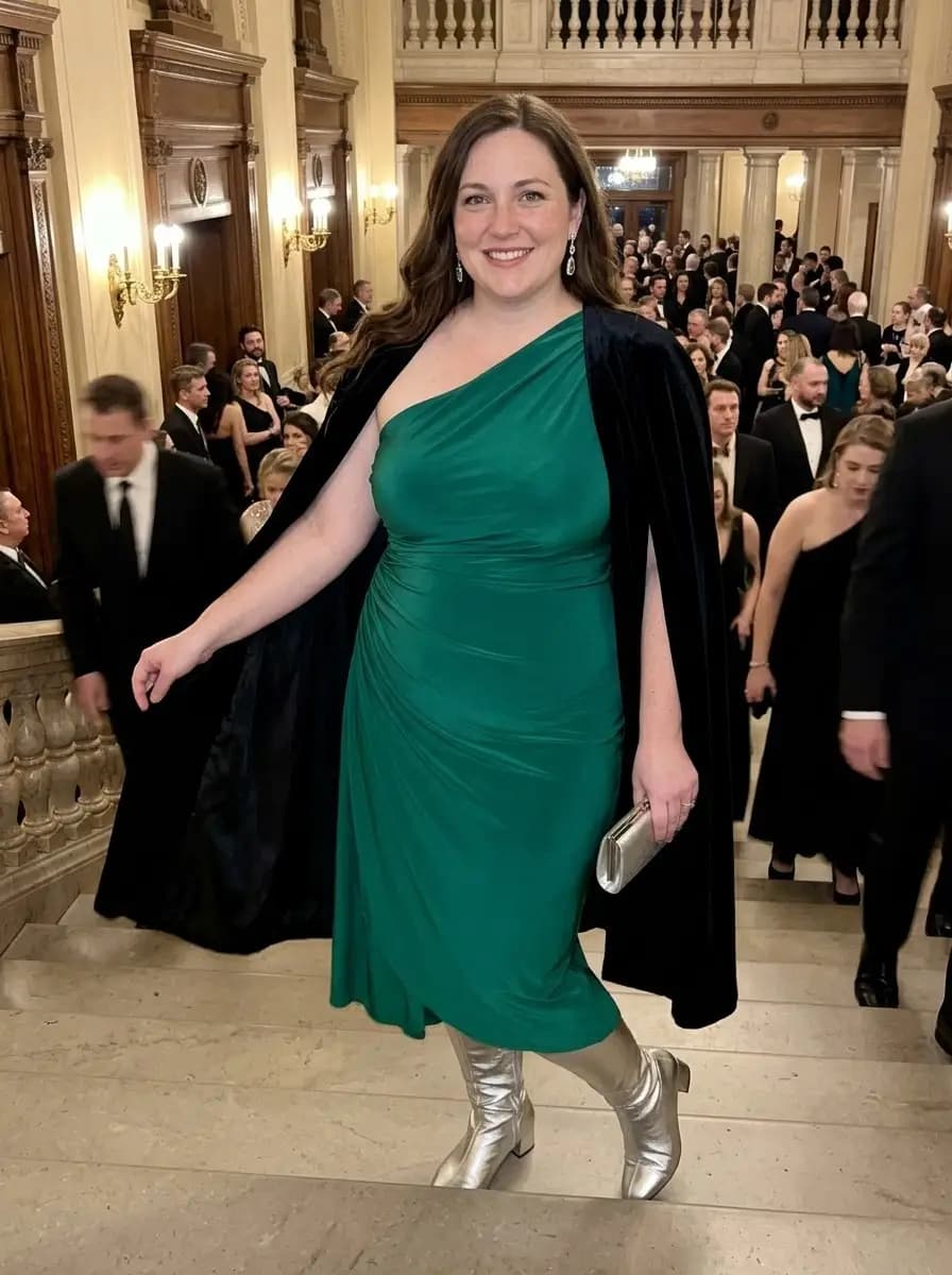 Emerald-Green One-Shoulder Dress with Black Cape and Silver Boots