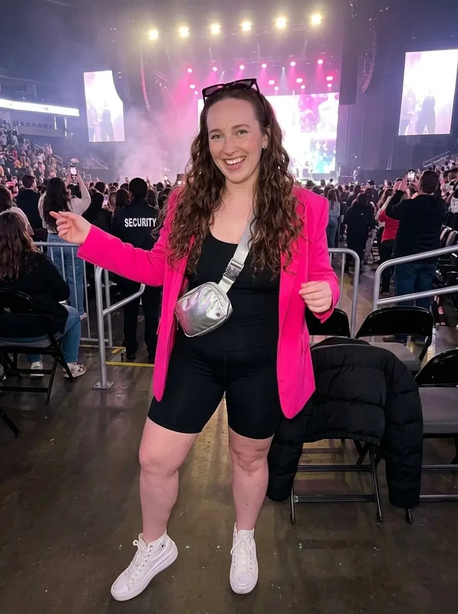 Hot-Pink Blazer with Black Bodysuit and Biker Shorts