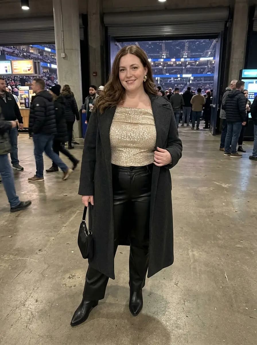 Gold Sequin Bandeau Top with Black Faux-Leather Trousers and Charcoal Coat