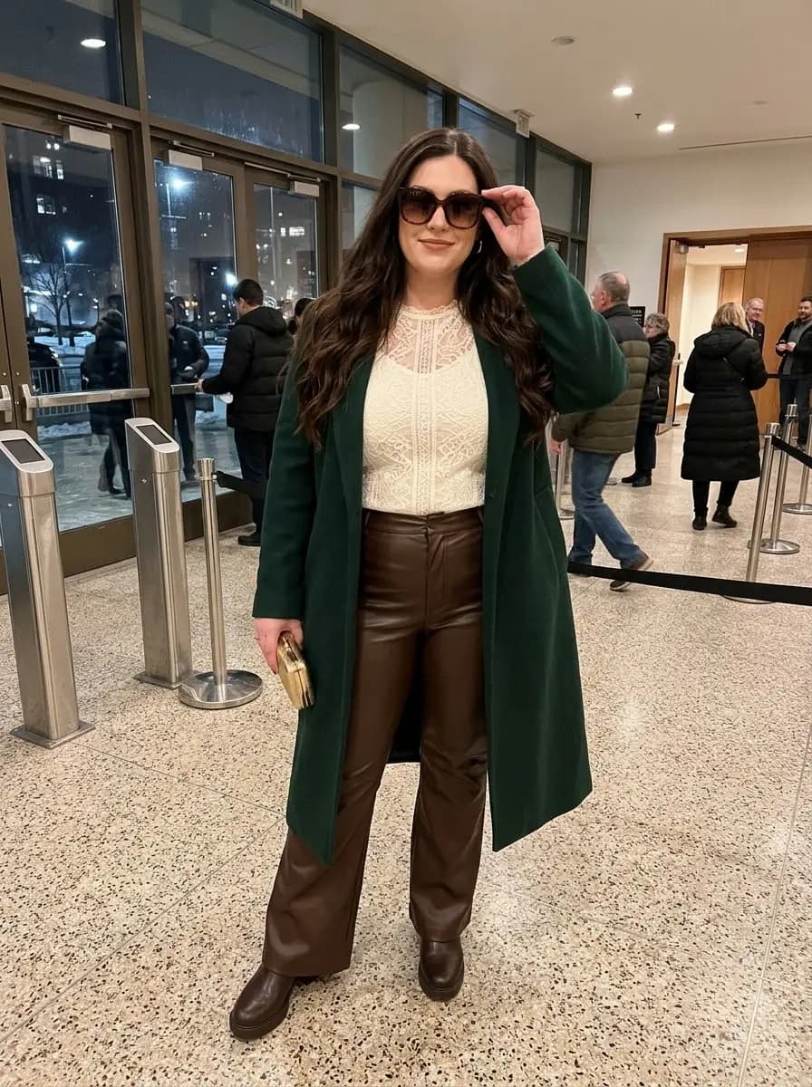 Cream Lace Top with Brown Faux-Leather Trousers and Forest-Green Coat
