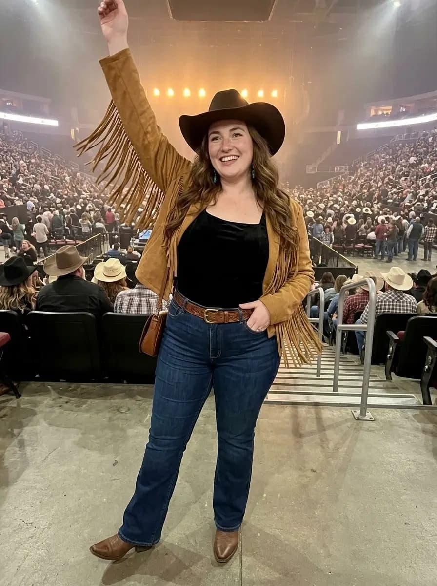 Tan Suede Fringe Jacket with Black Velvet Top and Blue Jeans