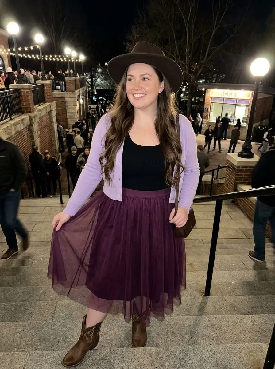 Lavender Cardigan with Plum Tulle Midi Skirt and Cowboy Boots
