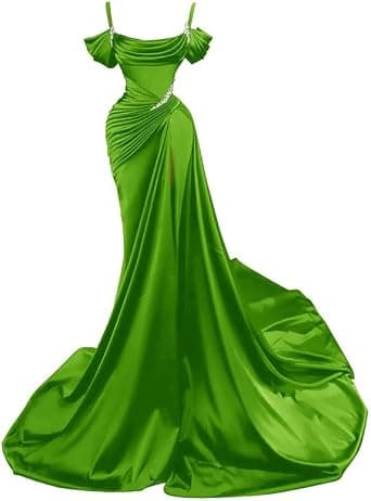 Lime-green plus-size satin spaghetti-strap slit gown