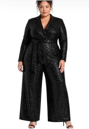 Women's black sequin belted wide-leg jumpsuit