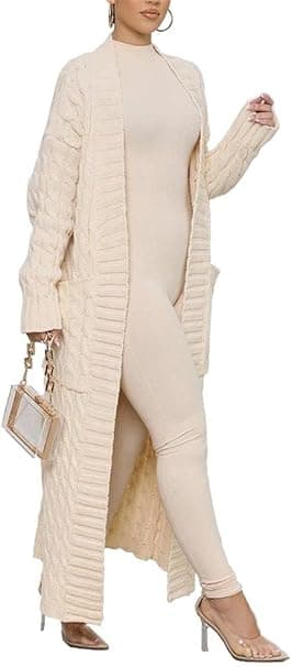 Plus-size long cable-knit cardigan