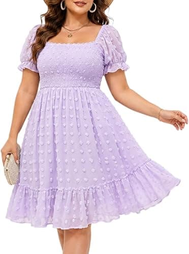 Purple plus-size puff-sleeve midi dress