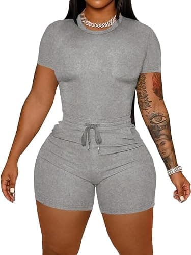 Grey ribbed two-piece top and shorts set