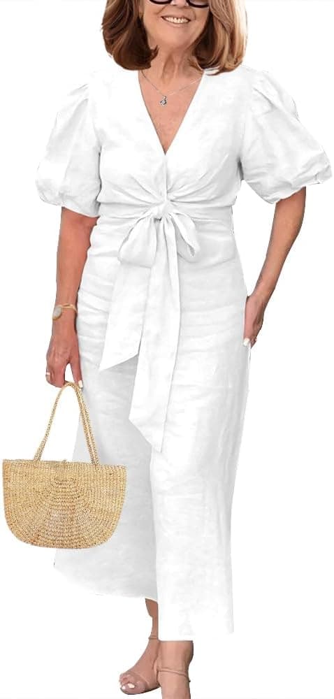 White plus-size linen-blend puff-sleeve shirt dress