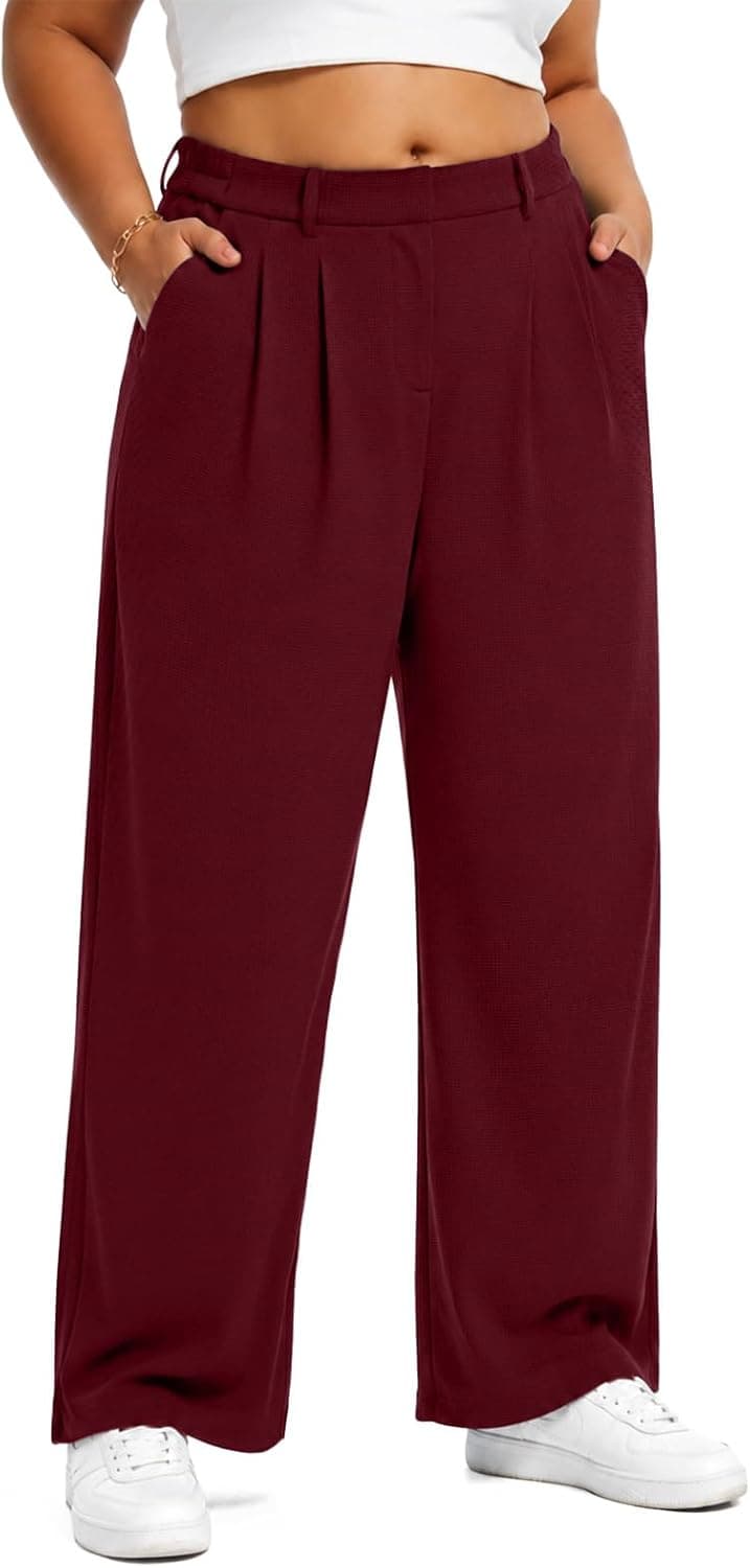 Wine-red plus-size wide-leg dress pants