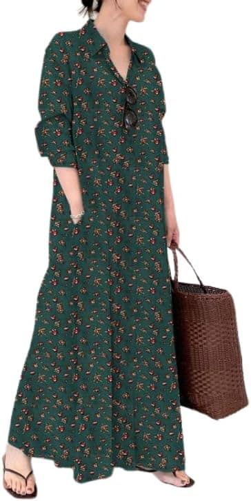 Green plus-size cotton-linen button-down shirt dress