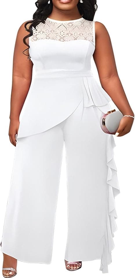 White plus-size ruffle lace wide-leg jumpsuit