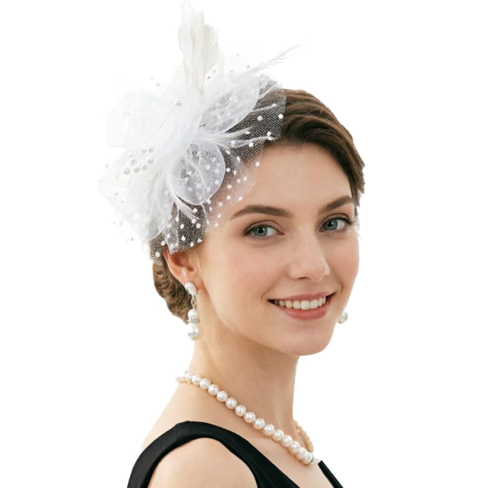 White feather-and-pearl fascinator