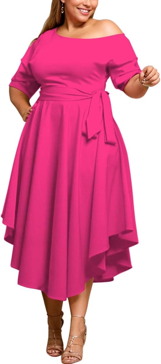 Rose-red plus-size off-shoulder midi dress