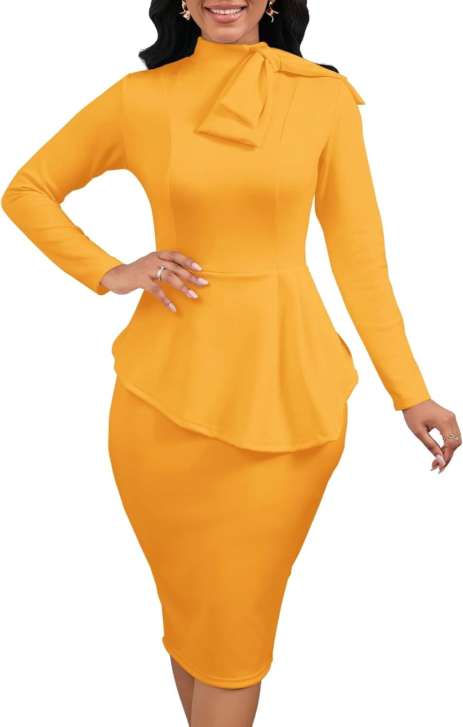 Mustard-yellow peplum midi dress