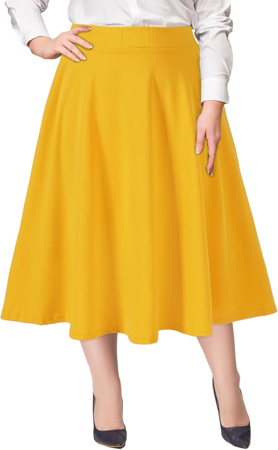 Yellow plus-size A-line midi skirt