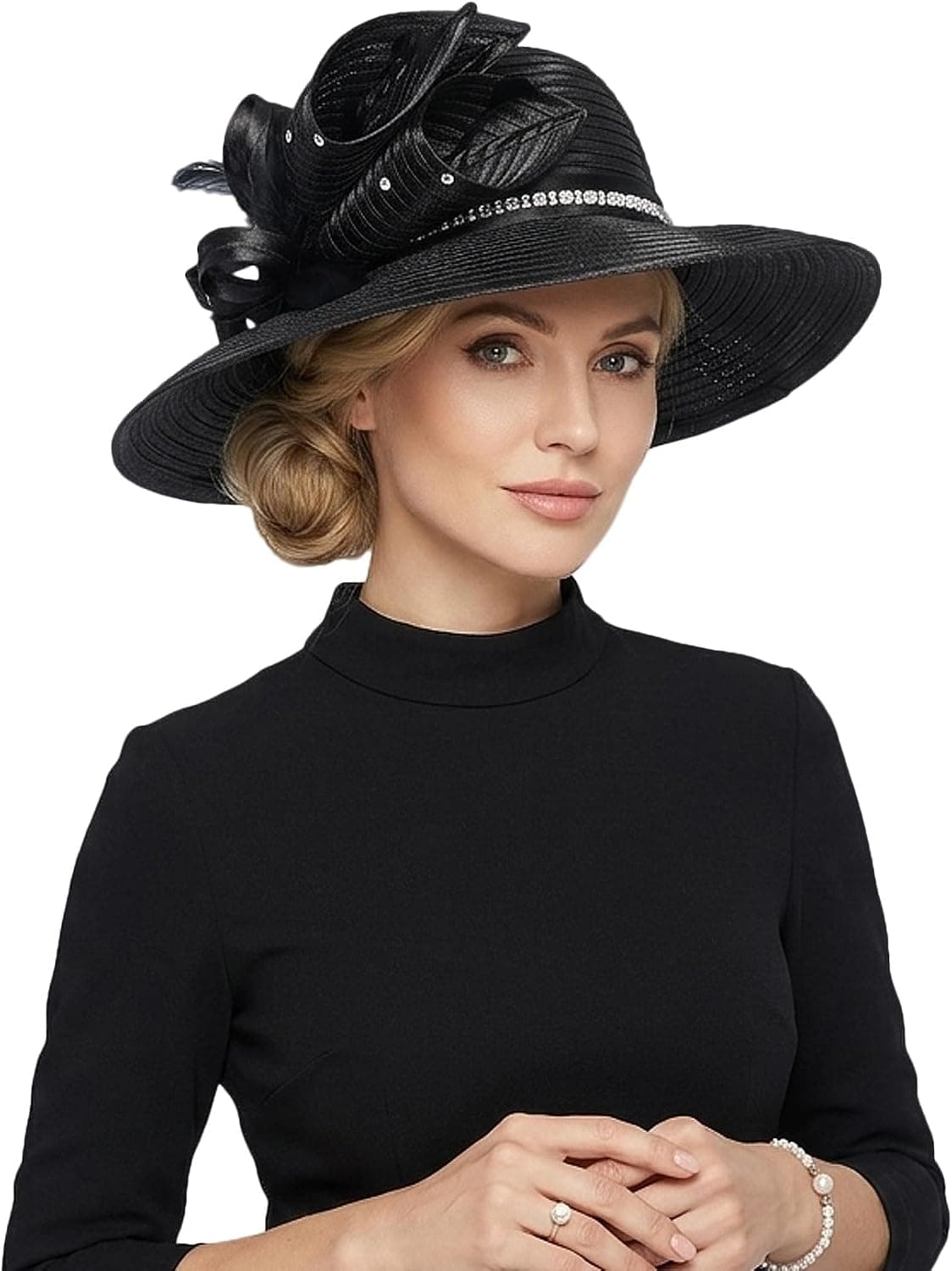 Black feather-and-rhinestone Derby hat