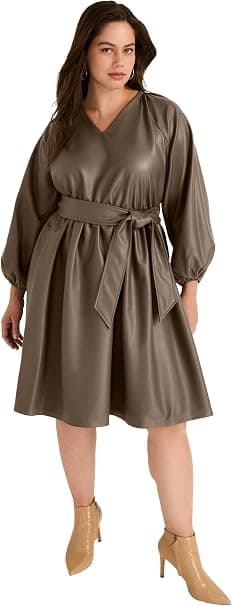 June + Vie cocoa plus-size faux-leather tie-waist dress