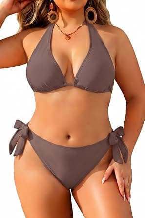Coffee-brown plus-size triangle bikini set