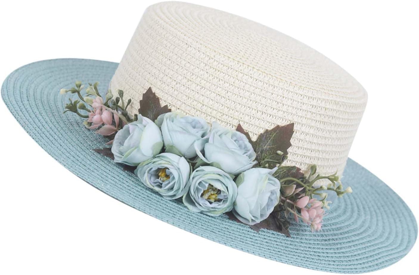 White-and-blue flower straw wide-brim hat