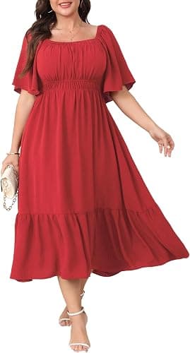 Red plus-size smocked maxi dress