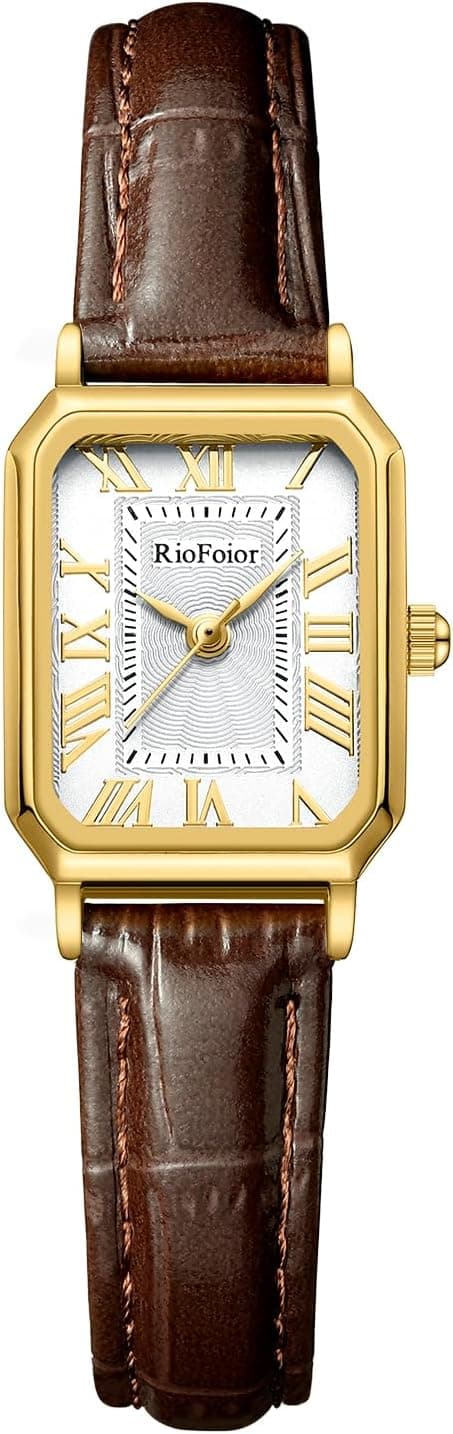 Gold watch with brown leather strap