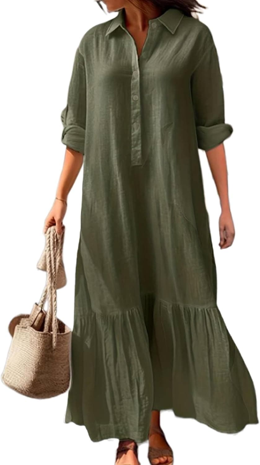 Army-green plus-size cotton-linen shirt dress