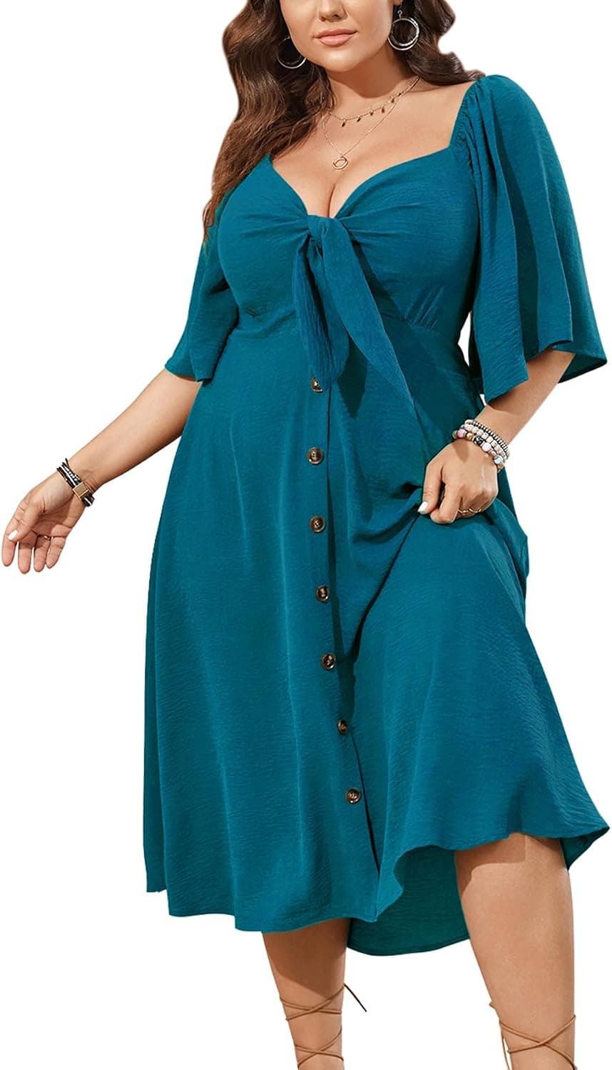 Teal plus-size button-front midi shirt dress