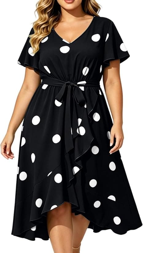 Lmdudan plus-size black polka-dot flutter-sleeve midi wrap dress