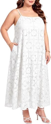 White plus-size floral eyelet maxi dress