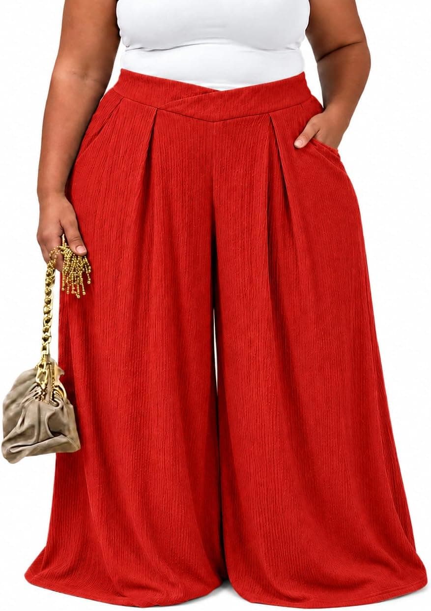 Red plus-size high-waisted wide-leg pants