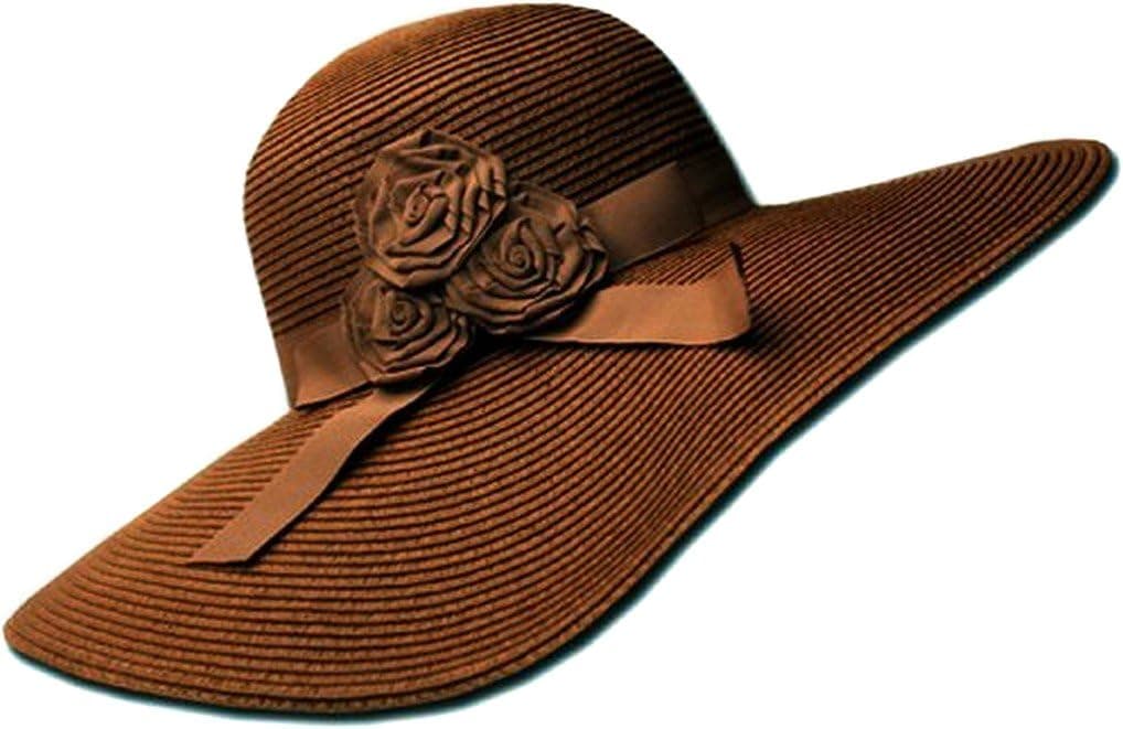 Tan paper-straw wide-brim flower hat