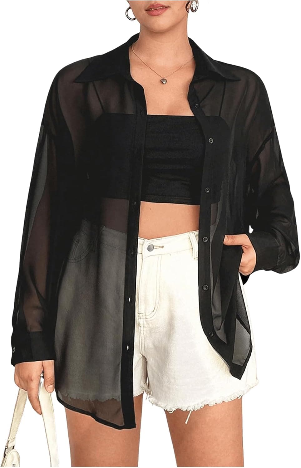 Black plus-size sheer button-down blouse