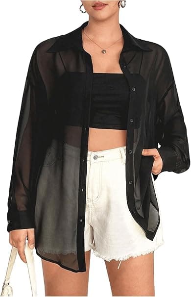 Black plus-size sheer button-down blouse
