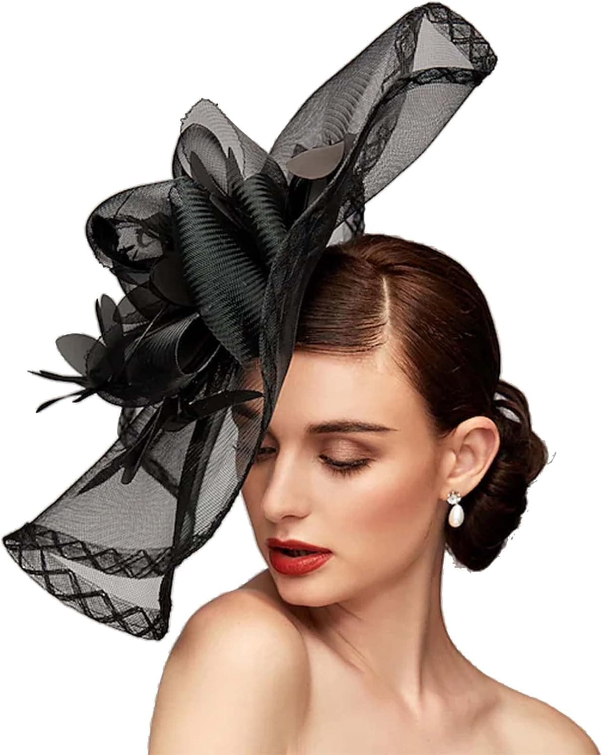 Black mesh floral feather fascinator