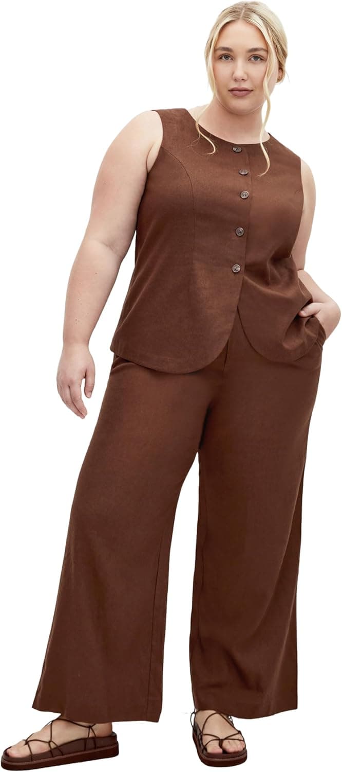 Chocolate plus-size linen sleeveless vest