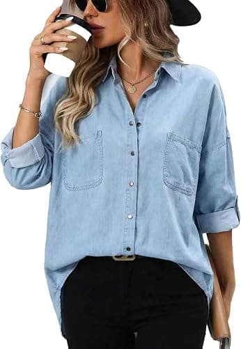 Light-blue plus-size denim button-up shirt