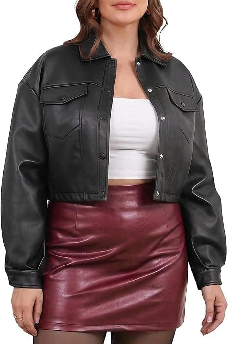 Plus-size black cropped faux-leather biker jacket