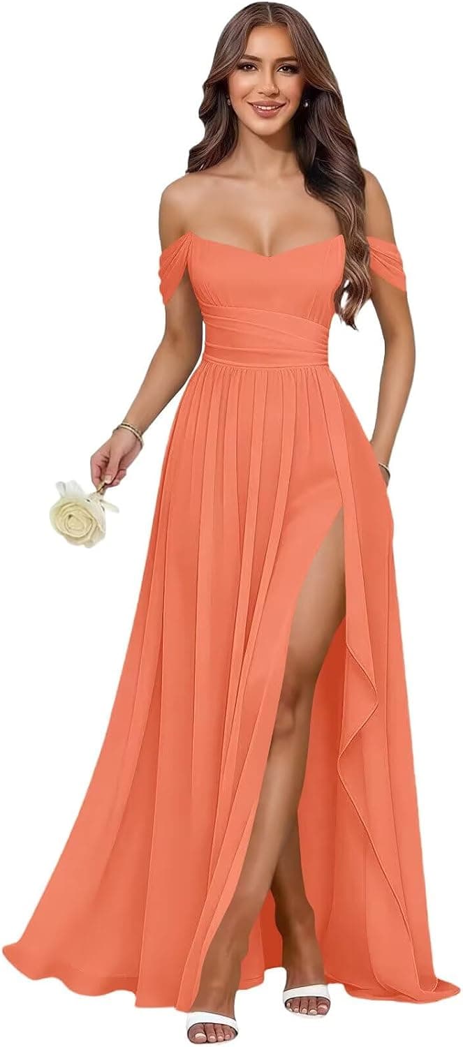Coral plus-size off-shoulder chiffon dress