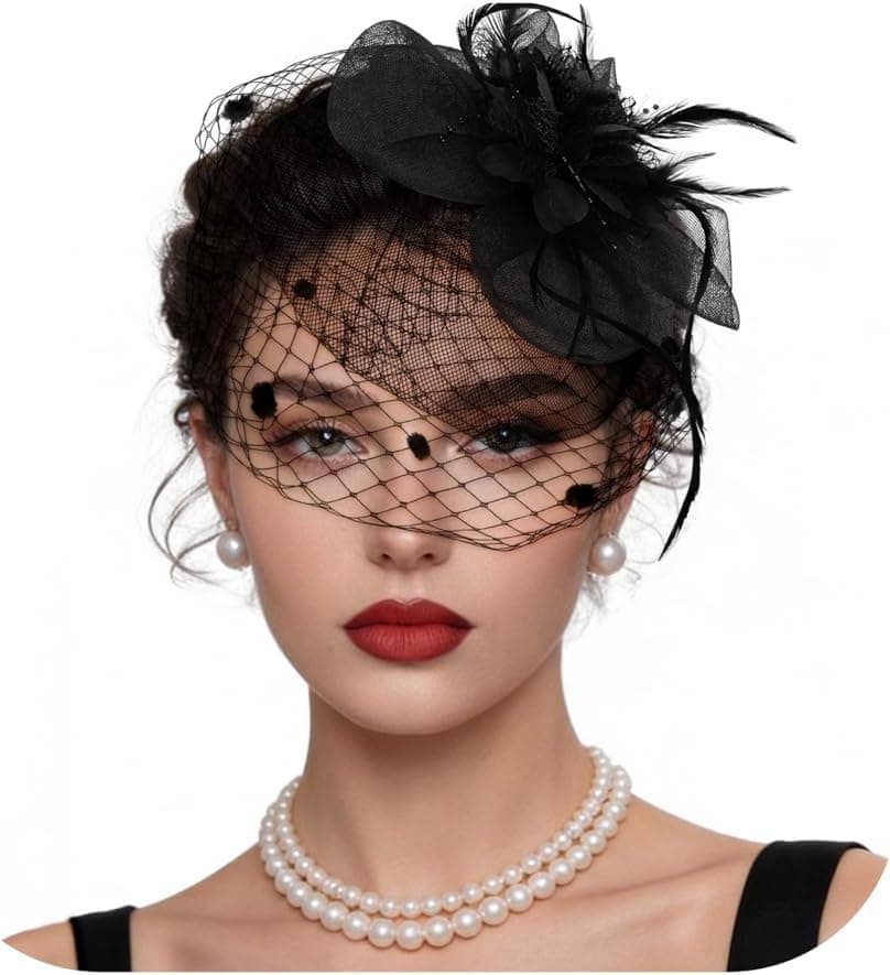 Black floral feather mesh fascinator